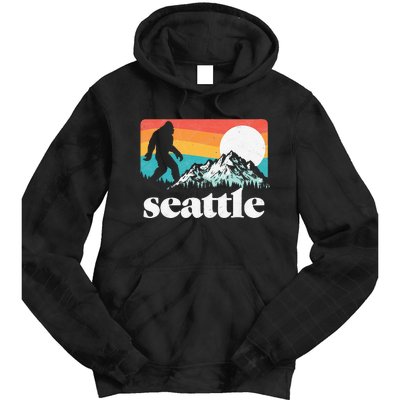 Seattle Washington Bigfoot Mountains Retro Distressed 80s Tie Dye Hoodie