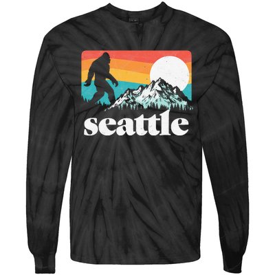 Seattle Washington Bigfoot Mountains Retro Distressed 80s Tie-Dye Long Sleeve Shirt