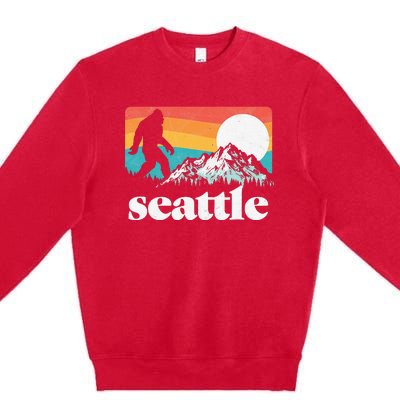 Seattle Washington Bigfoot Mountains Retro Distressed 80s Premium Crewneck Sweatshirt