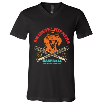 Swingin Wieners Baseball Throw The Damn Ball V-Neck T-Shirt