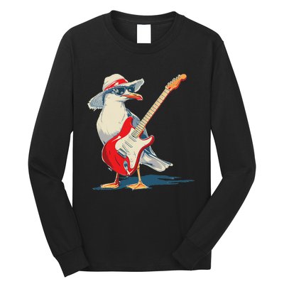 Seagull With Beach Hat And Electric Guitar Long Sleeve Shirt