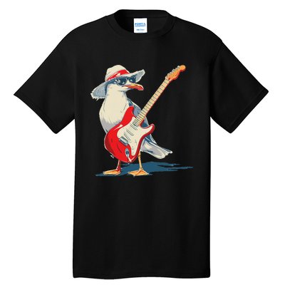 Seagull With Beach Hat And Electric Guitar Tall T-Shirt