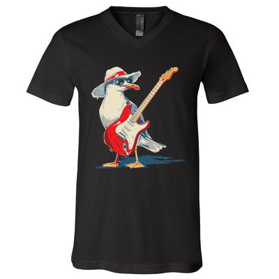 Seagull With Beach Hat And Electric Guitar V-Neck T-Shirt