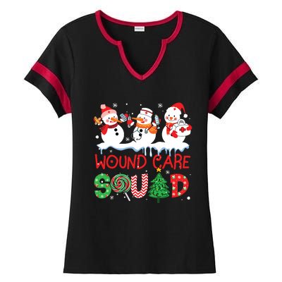 Snowman Wound Care Nurse Squad Christmas Holiday Matching Ladies Halftime Notch Neck Tee