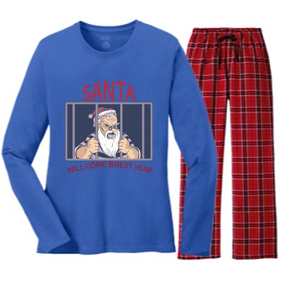 Santa Will Come Next Year Christmas / Funny Jail Santa Claus Gift Women's Long Sleeve Flannel Pajama Set 