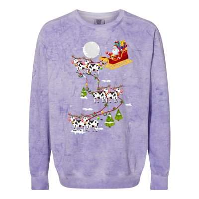 Santa With Cow Reindeer Sleigh Xmas Lights Cow Farmer Colorblast Crewneck Sweatshirt