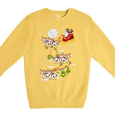 Santa With Cow Reindeer Sleigh Xmas Lights Cow Farmer Premium Crewneck Sweatshirt