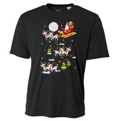 Santa With Cow Reindeer Sleigh Xmas Lights Cow Farmer Cooling Performance Crew T-Shirt