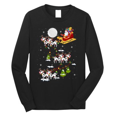 Santa With Cow Reindeer Sleigh Xmas Lights Cow Farmer Long Sleeve Shirt