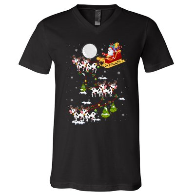 Santa With Cow Reindeer Sleigh Xmas Lights Cow Farmer V-Neck T-Shirt