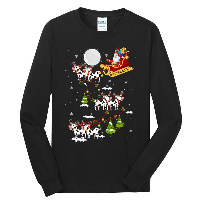 Santa With Cow Reindeer Sleigh Xmas Lights Cow Farmer Tall Long Sleeve T-Shirt