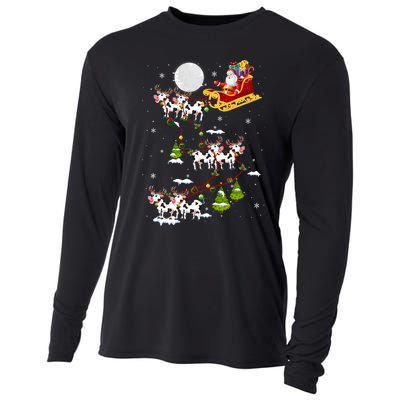 Santa With Cow Reindeer Sleigh Xmas Lights Cow Farmer Cooling Performance Long Sleeve Crew