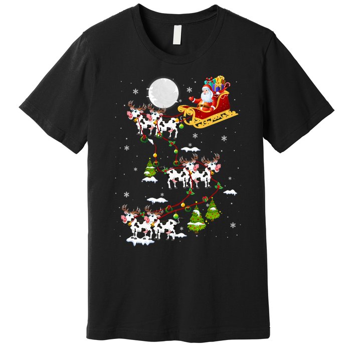 Santa With Cow Reindeer Sleigh Xmas Lights Cow Farmer Premium T-Shirt