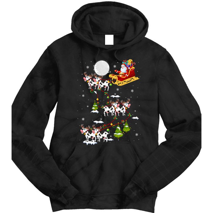 Santa With Cow Reindeer Sleigh Xmas Lights Cow Farmer Tie Dye Hoodie