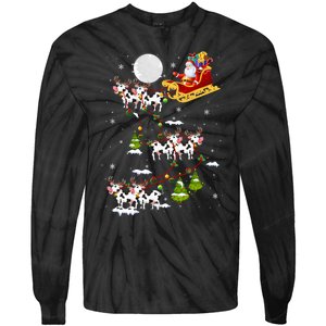 Santa With Cow Reindeer Sleigh Xmas Lights Cow Farmer Tie-Dye Long Sleeve Shirt