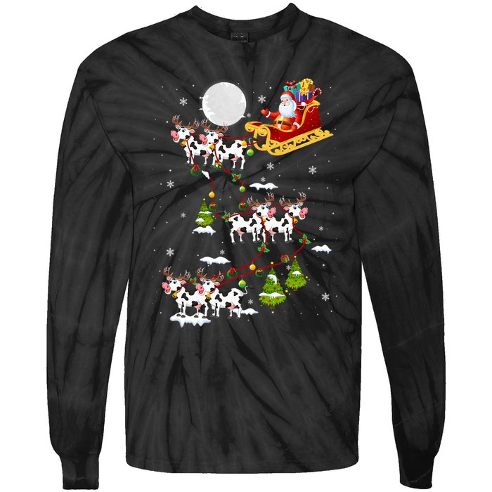 Santa With Cow Reindeer Sleigh Xmas Lights Cow Farmer Tie-Dye Long Sleeve Shirt