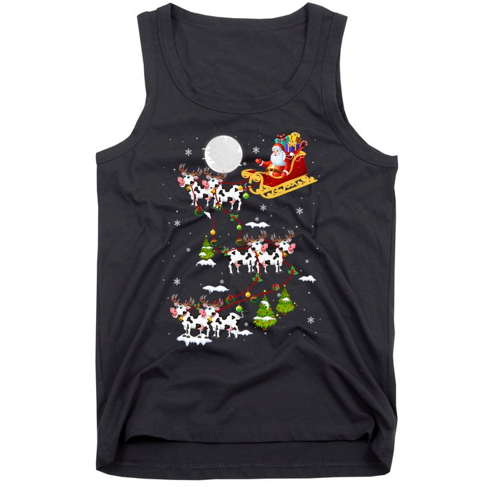 Santa With Cow Reindeer Sleigh Xmas Lights Cow Farmer Tank Top