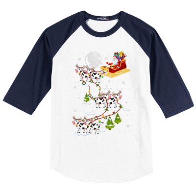 Santa With Cow Reindeer Sleigh Xmas Lights Cow Farmer Baseball Sleeve Shirt