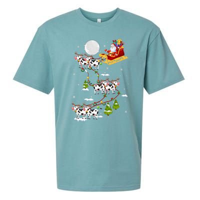 Santa With Cow Reindeer Sleigh Xmas Lights Cow Farmer Sueded Cloud Jersey T-Shirt