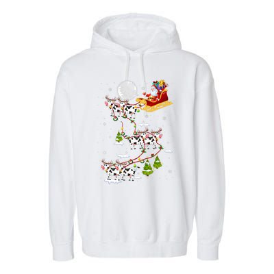 Santa With Cow Reindeer Sleigh Xmas Lights Cow Farmer Garment-Dyed Fleece Hoodie