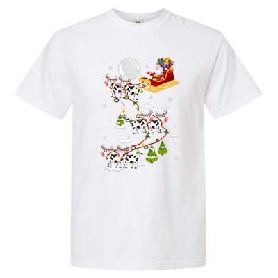 Santa With Cow Reindeer Sleigh Xmas Lights Cow Farmer Garment-Dyed Heavyweight T-Shirt