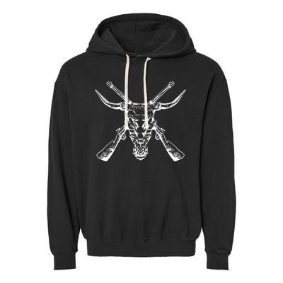 Skull With Crossed Guns And Horns Garment-Dyed Fleece Hoodie