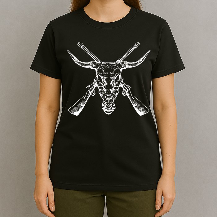 Skull With Crossed Guns And Horns T-Shirt
