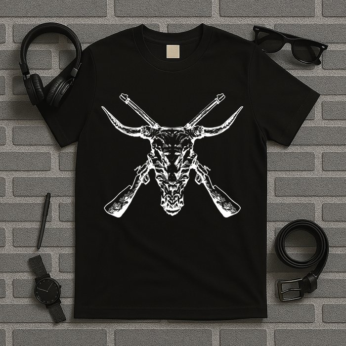 Skull With Crossed Guns And Horns T-Shirt