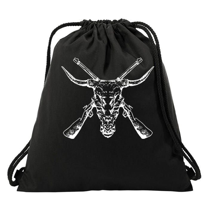 Skull With Crossed Guns And Horns Drawstring Bag