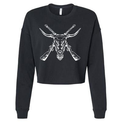 Skull With Crossed Guns And Horns Cropped Pullover Crew