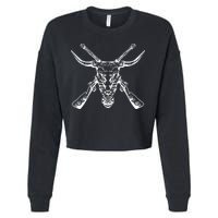 Skull With Crossed Guns And Horns Cropped Pullover Crew