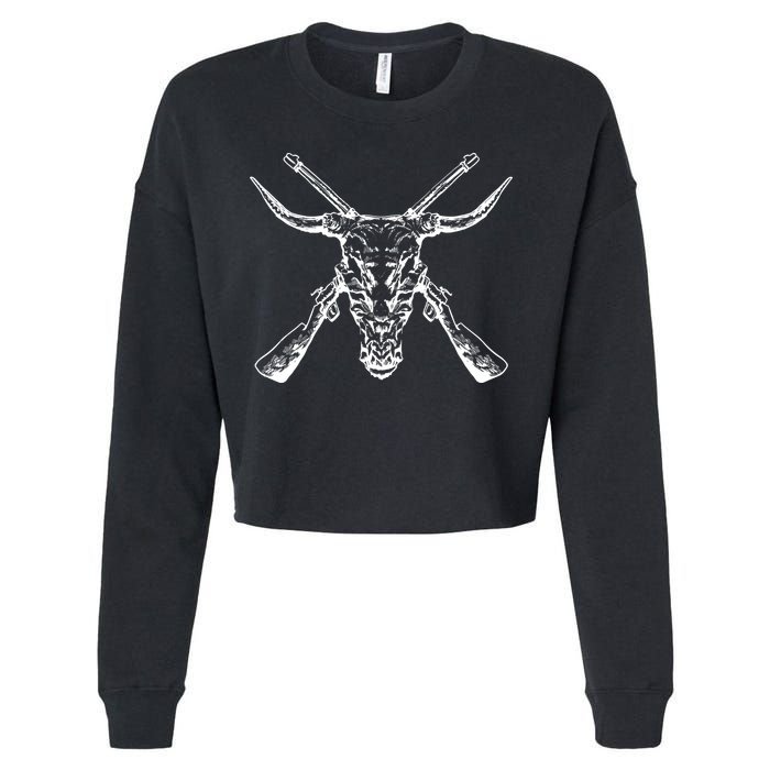 Skull With Crossed Guns And Horns Cropped Pullover Crew