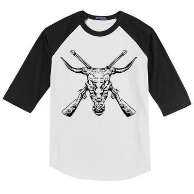 Skull With Crossed Guns And Horns Kids Colorblock Raglan Jersey