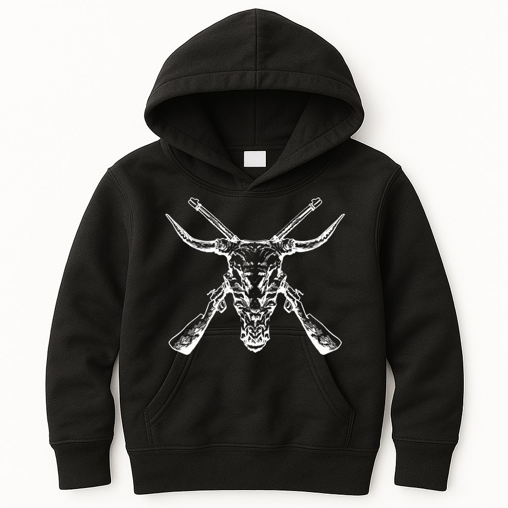 Skull With Crossed Guns And Horns Kids Hoodie