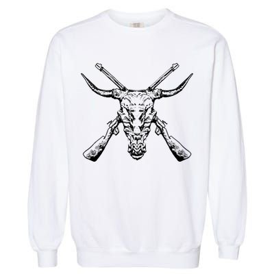 Skull With Crossed Guns And Horns Garment-Dyed Sweatshirt