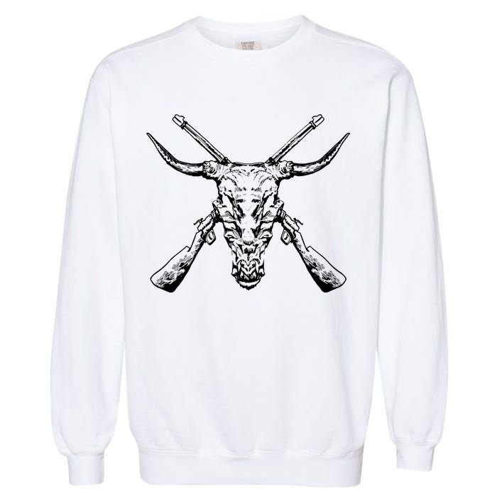 Skull With Crossed Guns And Horns Garment-Dyed Sweatshirt