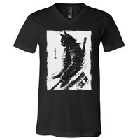 Samurai Warrior Cat Graphic Vintage Japanese Art Anime V-Neck T-Shirt