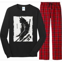 Samurai Warrior Cat Graphic Vintage Japanese Art Anime Long Sleeve Pajama Set