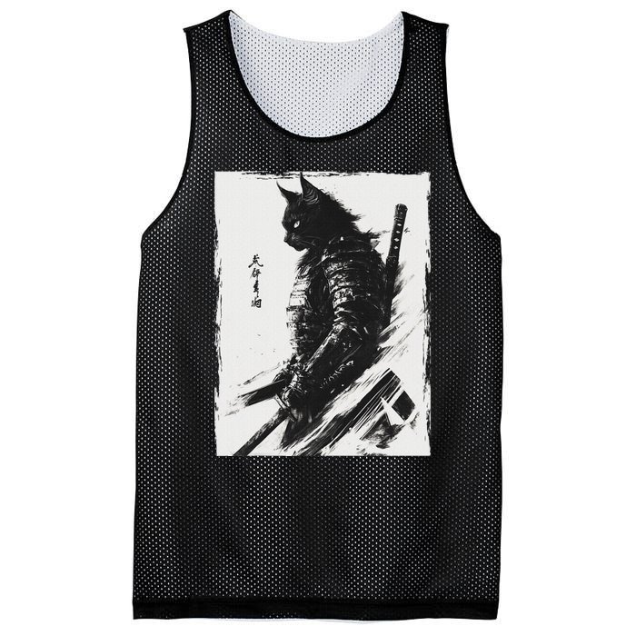 Samurai Warrior Cat Graphic Vintage Japanese Art Anime Mesh Reversible Basketball Jersey Tank