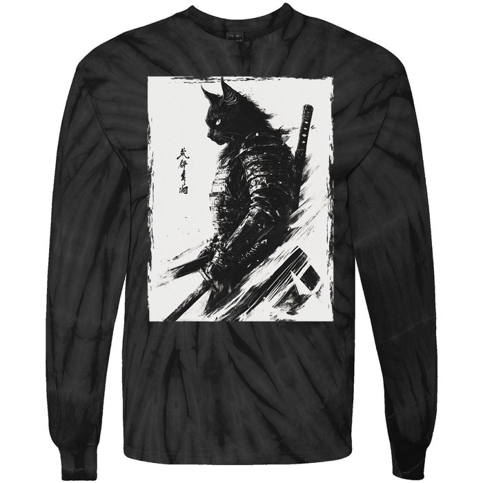 Samurai Warrior Cat Graphic Vintage Japanese Art Anime Tie-Dye Long Sleeve Shirt