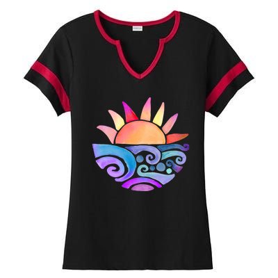 Summer Water Color Sunset Beach Ladies Halftime Notch Neck Tee