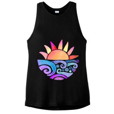 Summer Water Color Sunset Beach Ladies PosiCharge Tri-Blend Wicking Tank