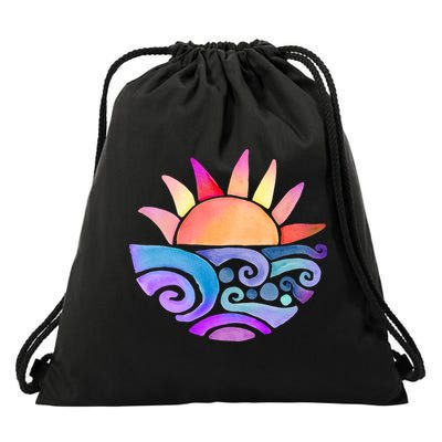 Summer Water Color Sunset Beach Drawstring Bag