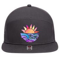 Summer Water Color Sunset Beach 7 Panel Mesh Trucker Snapback Hat