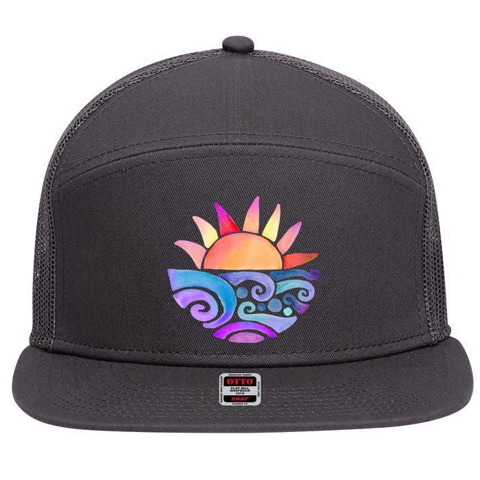 Summer Water Color Sunset Beach 7 Panel Mesh Trucker Snapback Hat