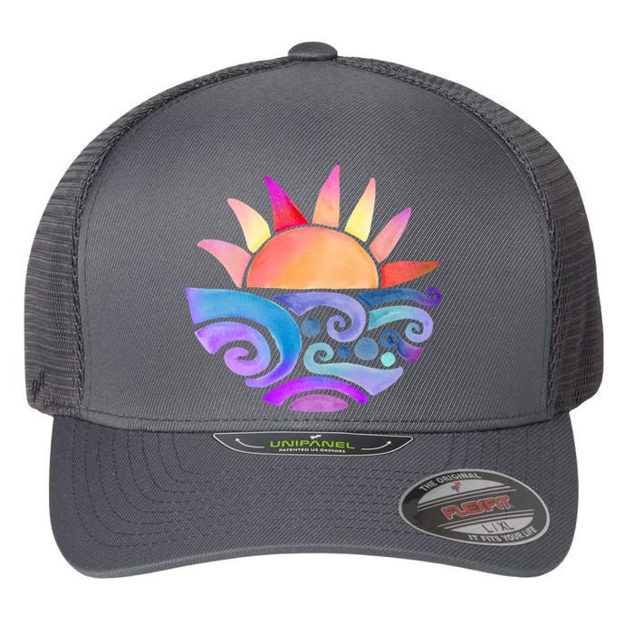 Summer Water Color Sunset Beach Flexfit Unipanel Trucker Cap