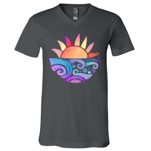 Summer Water Color Sunset Beach V-Neck T-Shirt