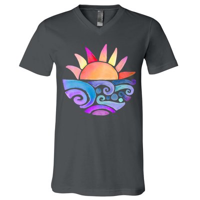 Summer Water Color Sunset Beach V-Neck T-Shirt