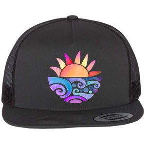 Summer Water Color Sunset Beach Flat Bill Trucker Hat