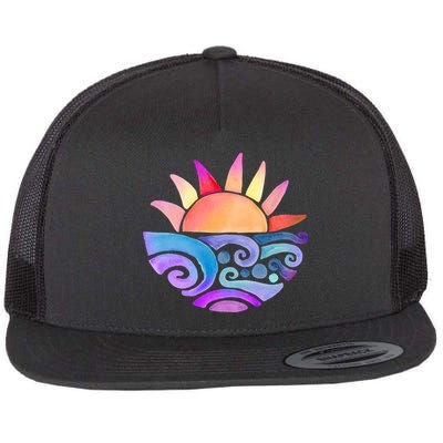 Summer Water Color Sunset Beach Flatbill Hat